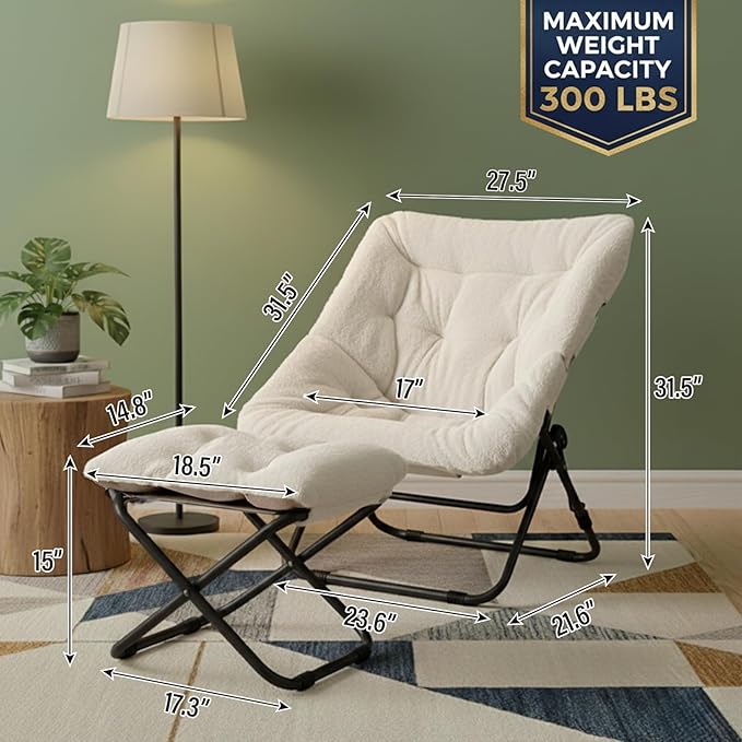 Tiita Folded Chair with Straight Ottoman, Soft Faux Fur Oversized Folding Accent Chair,Lounge Lazy Chair, Metal Frame Moon Chair for Bedroom, Living Room, Dorm Rooms, Garden and Courtyard, Beige