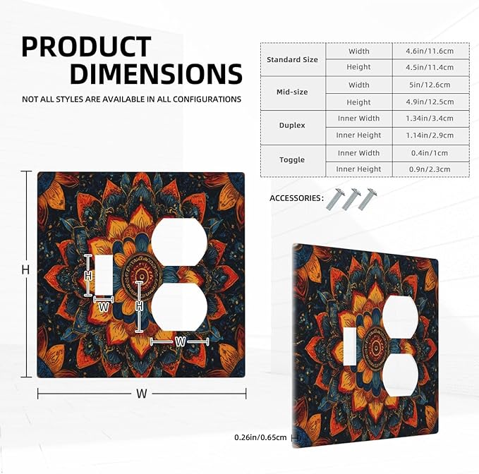 Colorful Oriental Floral Blooming Mandala Flower Outlet Covers 2 Gang Combination 1 Toggle/1 Duplex Light Switch Cover Decorative Gfci Wall Plate Electrical Receptacle Switchplate Bathroom