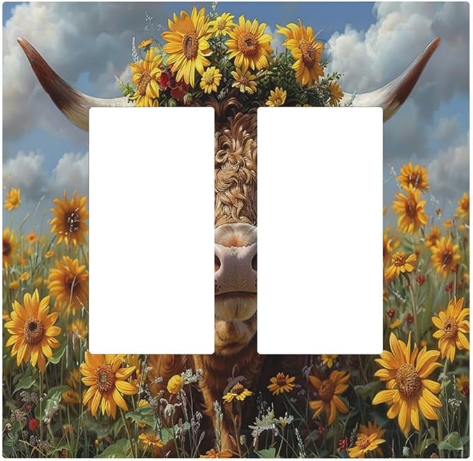 Decorative Outlet Covers Vintage Sunflower Highland Cow Rustic Art 2 Gang Double GFCI Rocker Electrical Wall Panels Light Switch Cover Plate for Bedroom Farmhouse Decor