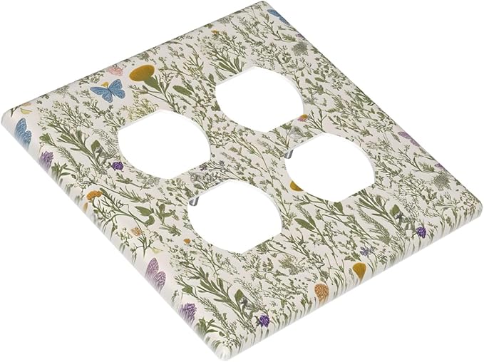 Floral Vintage Garden Plants Herbs Flower Botanical Outlet Covers 2-Gang Duplex Light Switch Covers Decorative Mustard Green Gfci Wall Plate Electrical Receptacle Switchplate Plug Faceplate