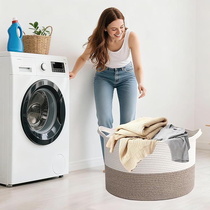 Large Storage Basket with Handle,23.6" x 23.6" x 15.7" Blanket Basket Storage Bins for Organizing,65L Cotton Rope Woven Baskets for Living Room, Nursery ,Bedroom,White&Brown