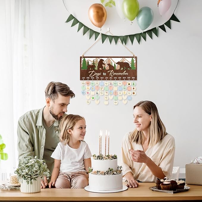 CHDITB 3D Days to Remember Birthday Calendar Wall Hanging(16”x7”), Woodland Bear Nursery Themed Family Birthday Reminder Tracker with Tags, Wooden DIY Gifts for Mother Grandma Friends Family