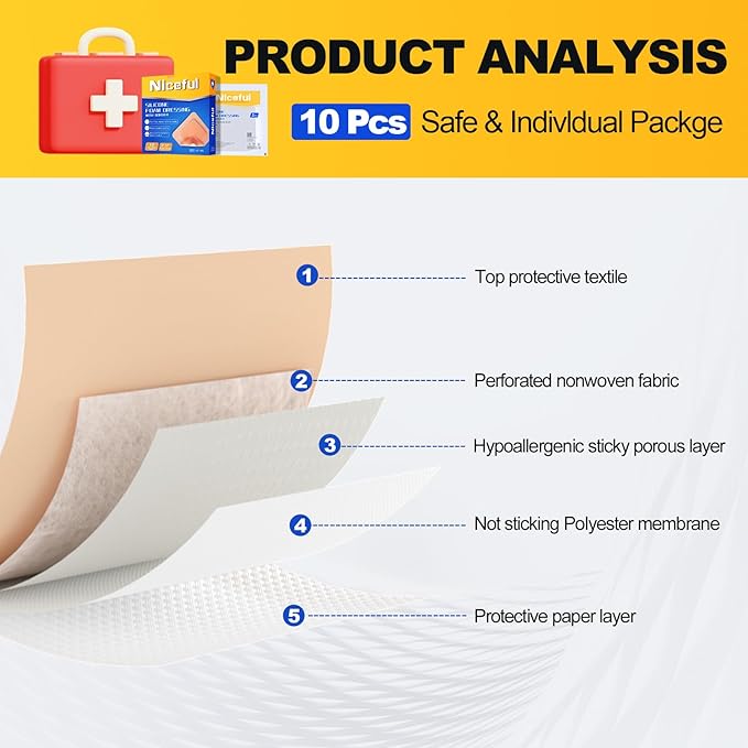Silicone Foam Dressing 5x5 inch - Large Bandages for Wounds (10Pcs), Waterproof, Absorbent, Bed Sore Bandages Wound Care Dressing