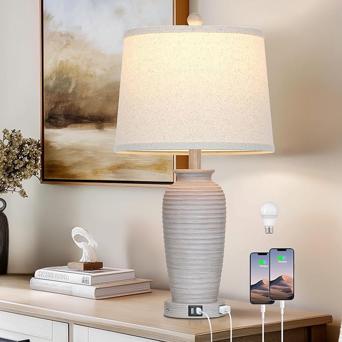 25" Vintage Farmhouse Jar Table Lamps, Single Rustic Bedside Lamp with USB A+C Ports & AC Outlet, Nightstand Lamps for Living Room, Bedroom, End Table, Grey White(LED Bulb Included)