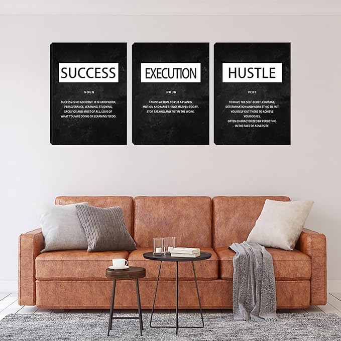Unbruvo Motivational Canvas Wall Art - 3 Panel Inspirational Wall Decor, Hustle Success Office Decor, Hustle Success Poster for Living Room, Bedroom, Classroom(36x16 inch)