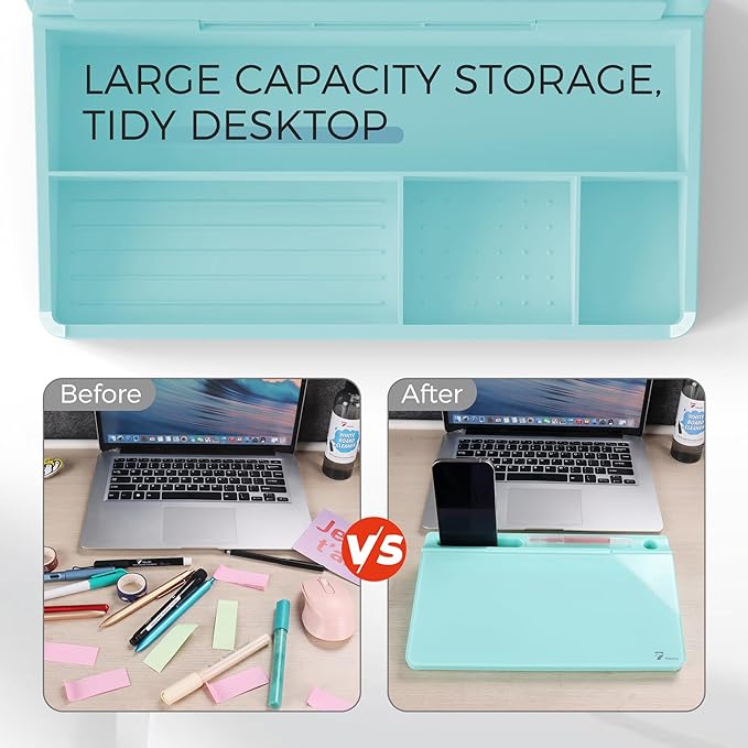 TOWON Small Compact Glass Desktop Whiteboard with Storage – 12 x 7 in Dry Erase Board for Desk, Home Office, School | Includes 5 Markers, Eraser & Holder | Space-Saving Organizer, Aesthetic Aqua Blue