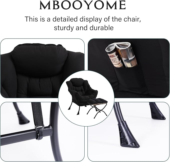 Lazy Chair with Folding Ottoman, Modern Accent Lounge Armchair with Armrests and a Side Pocket & Foldable Footstool, Leisure Reading Chair for Living Room, Bedroom, Dorm & Office, Black
