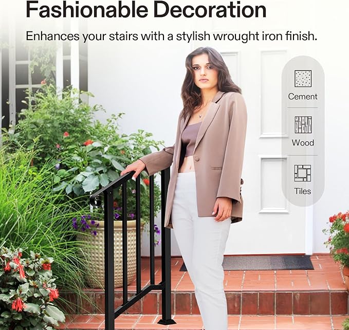 VIVOSUN Outdoor Handrail, 2 Step Stair Handrail, 26" x 36" Fits 1 to 2 Steps, Wrought Mattle Iron Stair Railing with Curved Ends and Balusters for Concrete Steps, Porch Steps, One-step Assembly, Black