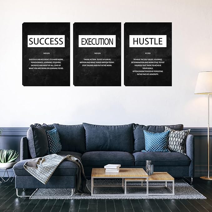 Unbruvo Motivational Canvas Wall Art - 3 Panel Inspirational Wall Decor, Hustle Success Office Decor, Hustle Success Poster for Living Room, Bedroom, Classroom(36x16 inch)
