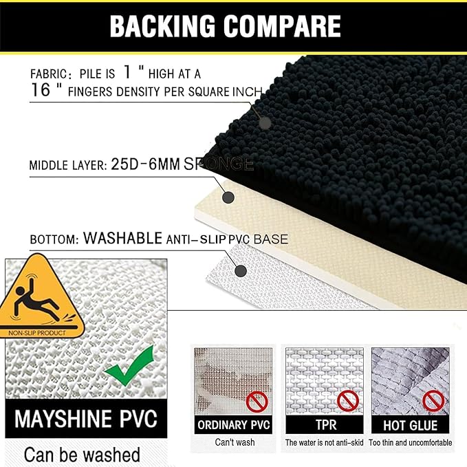 BOANKODU Bathroom Rugs Sets 2 Piece，47X16+16X24Inch，Absorbent Non-Slip Very Soft Chenille Mat,Machine Washable （Black）