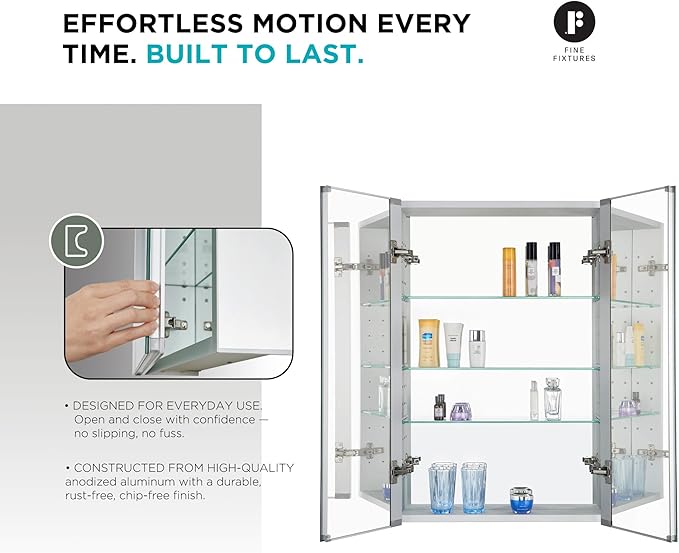 Fine Fixtures Bathroom Medicine Cabinet, Aluminum, Recessed/Surface Mount, 24" x 36", Right/Left Hinged, Mirrored Interior