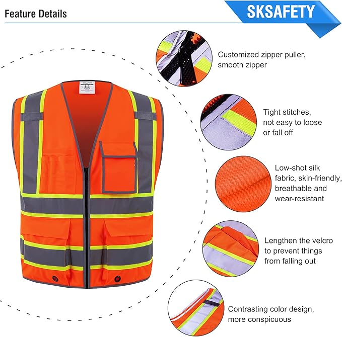 SKSAFETY 10 Pockets Safety Vest, Class 2 High Visibility Security with Zipper, Hi Vis Vest with Reflective Strips, ANSI/ISEA Standard, Construction Work Vest for Men ＆ Women （Orange, L）