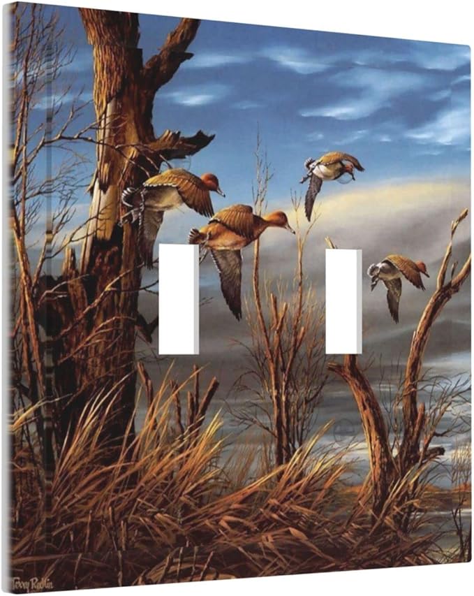 Hunting Flying Wild Ducks Double Toggle Light Switch Covers Decorative 2 Gang Wall Plate Covers Fall Lakeside Reed Wildlife Animal Mallard Dual Device Electrical Switchplate for Bathroom Decor