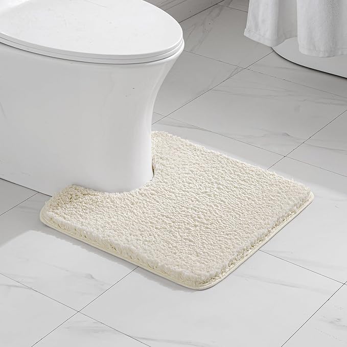 MIULEE Microfiber Toilet Bath Mat U-Shaped Contour Shaggy Rugs Non Slip Extra Thick Soft Absorbent Water for Bathroom Commode Machine Washable(20x20 Inch, Ivory)