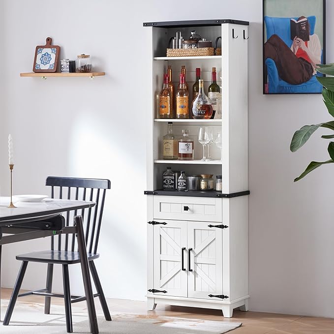 72in Tall Bookshelf 7 Tier Bookcase with Drawer and Barn Doors and Adjustable Shelves, White Farmhouse Book Shelf with Storage Cabinet, Wood Freestanding Display Bookshelves for Living Room