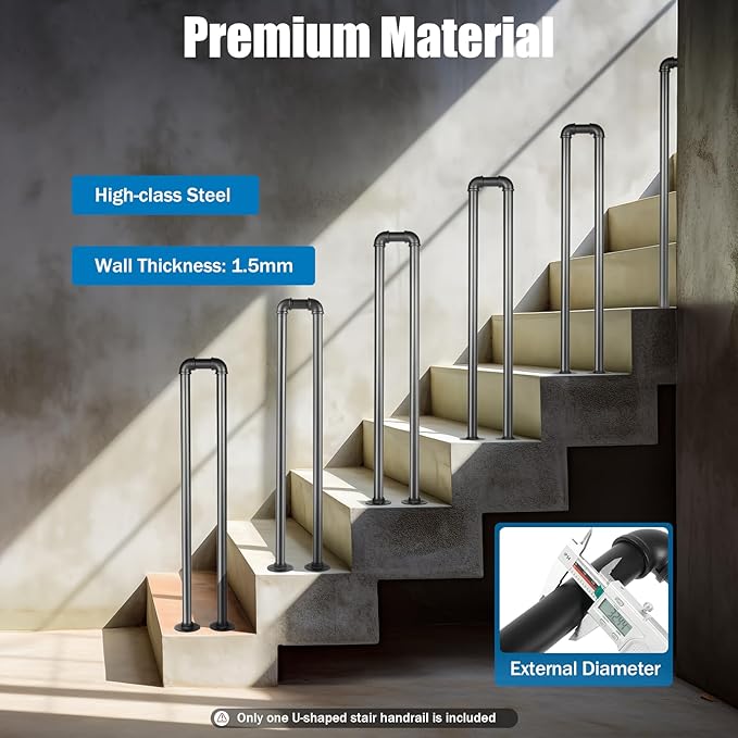 Stair Handrail Matte Black U-Shaped Industrial Wrought Iron Railing Non-Slip Safety Indoor Or Outdoor Elderly Children's Support Poles, Home for Garden Loft Corridor Villa Hotel