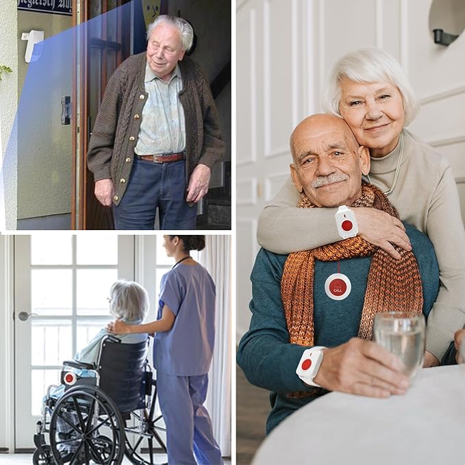 Caregiver Pager Motion Sensor Alarm Indoor Home Wireless Bed Alarm and Fall Prevention Detector Alert Devices for Elderly/Dementia/Patients/Kid Monitoring Safety Device with Panic Button