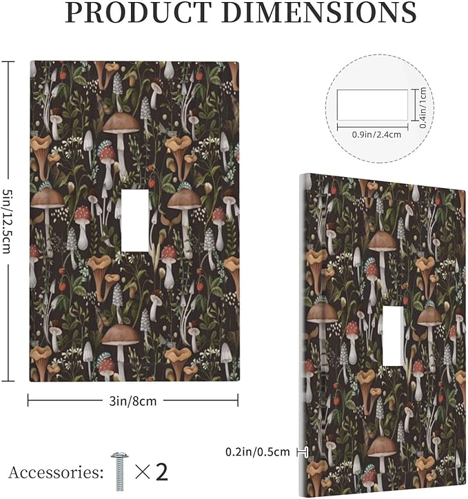 Funky Retro Vintage 70s 60s Boho Hippie Mushroom Single Toggle Light Switch Covers Decorative 1 Gang Blank Wall Plates Cover Bohemian Floral Leaf Electrical Device Switchplate Faceplate for Bathroom