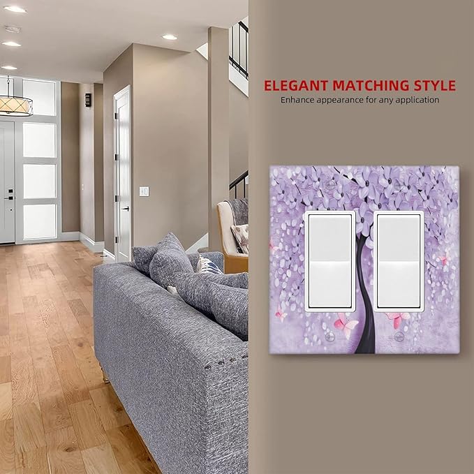 Outlet Covers 3D Purple Tree 2 Gang Wall Plate Double Rocker Light Switch Cover Decorative GFCI Receptacle Cover Electrical Switchplate for Bathroom Bedroom Decor