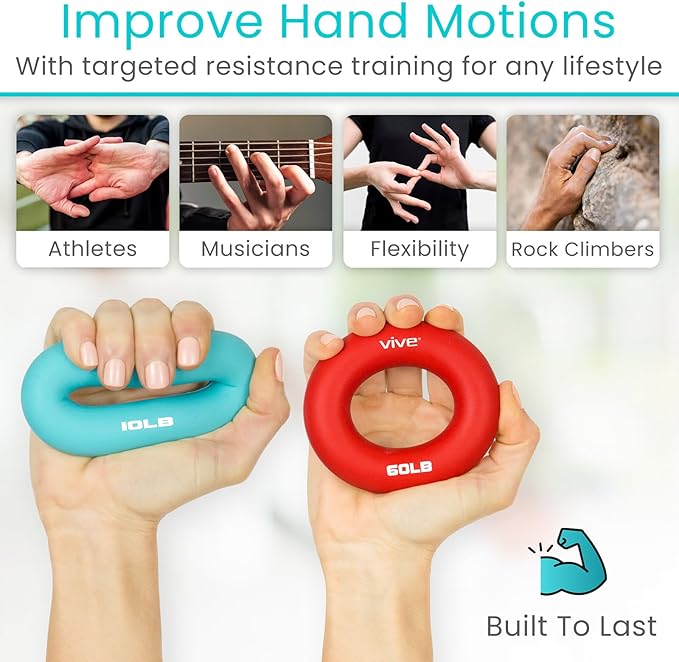 Vive Hand Strengthener Grip Ring - Forearm Ring Hand Exercisers - Silicone Squeezer Gripper for Muscle Strengthening Training Tool - Arthritis Finger Physical Therapy PT Kit Trainer