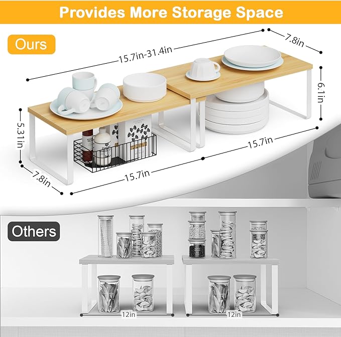 Cabinet Shelf Organizers, 15.7 inches Large Kitchen Counter Shelf, Set of 2 Wood Kitchen Pantry Organizer, Storage Shelves for Countertop, Spice Rack, Stackable, Expandable, Metal White, Nature