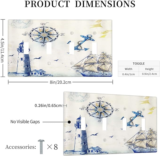 Nautical Sailboat Lighthouse Compass Anchor Quad Toggle Light Switch Covers Decorative 4 Gang Wall Plates Cover Rustic 4 Hole Electrical Device Switchplate Faceplate for Country Bathroom Decor