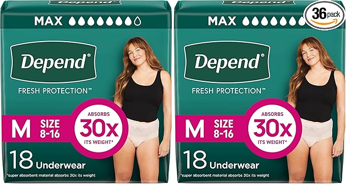 Depend FIT-Flex Incontinence Underwear for Women, Disposable, Maximum Absorbency, Medium, Blush, 18 Count (Pack of 2)