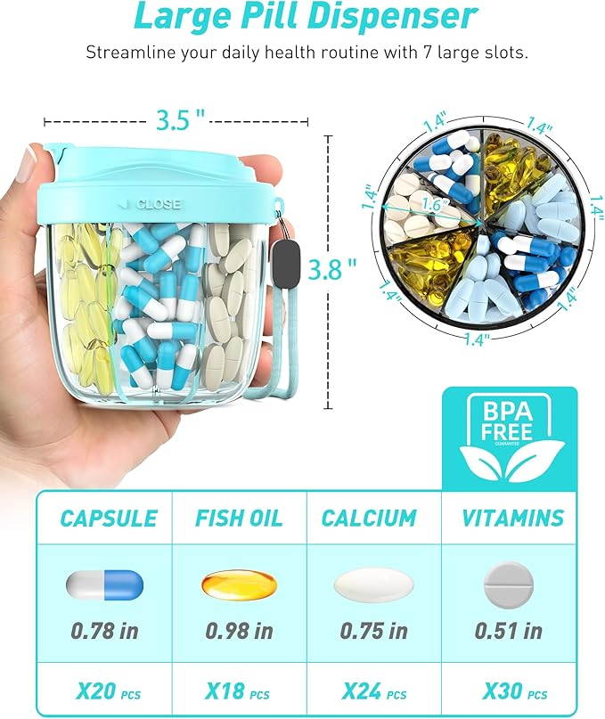 Pill Organizer,Pill Dispenser with 7 Large Compartments,Portable Pill Box for Travel, Anti-Mix Design & Wide Opening Design, Easy Access to Vitamin Dispenser, Includes 20 Blank Stickers（Blue）