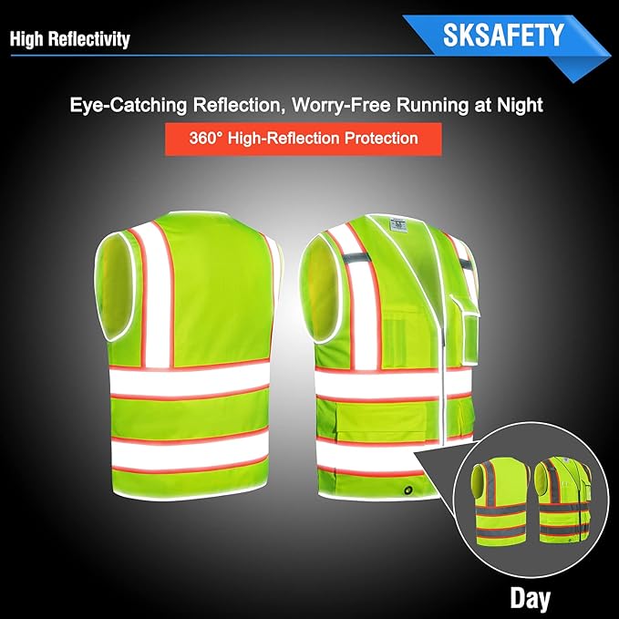 SKSAFETY 10 Pockets Safety Vest, Class 2 High Visibility Security with Zipper, Hi Vis Vest with Reflective Strips, ANSI/ISEA Standard, Construction Work Vest for Men ＆ Women （Lime, XL）