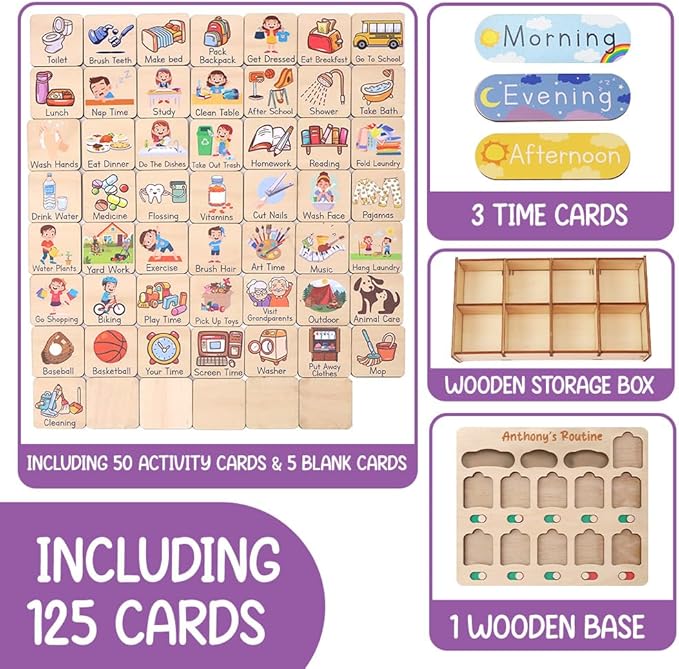 Wooden Chore Chart for Kids Visual Schedule, Routine Chart for Kids, Morning Bedtime Routine Chart for Toddlers Ages 2-4, Daily Kids Schedule Board for Home (03)