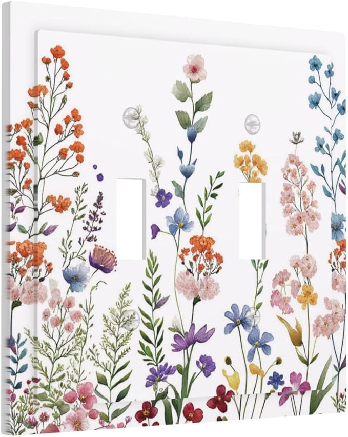 Rustic Wild Floral Vintage Colorful Flowers Double Toggle Light Switch Covers Decorative 2 Gang Wall Plate Cover Dual Device Electrical Switchplate Dimmer Faceplate for Bathroom Decor
