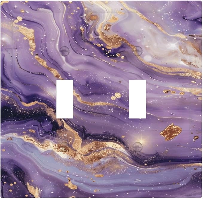 Luxury Marble Texture Purple And Gold Abstract Print Decorative Switch Plates 2 Gang Double Toggle Outlet Light Switch Cover Wall Plate Electrical Faceplate for Bathroom Home Decor