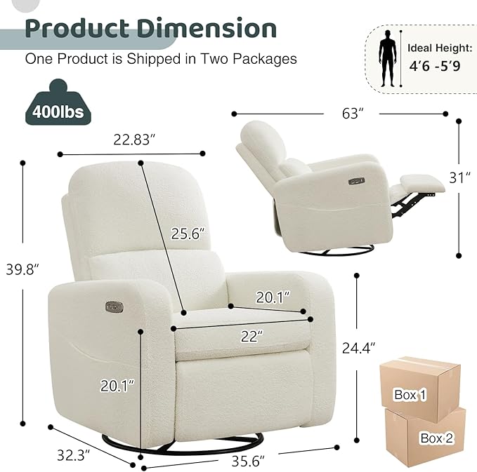 Power Swivel Rocker Recliner, Oversized Boucle Nursery Glider Recliner, Swivel Rocking Reclining Chair with Removable Cushion and Lumbar Support for Nursery Living Room Bedroom, Teddy White