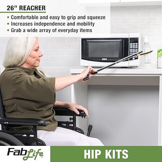 FabLife Hip Kit Daily Living Aids for Mobility, Hip Replacement Recovery, Knee and Back Surgery Includes Grabber Reacher, Bath Sponge Stick, Formed Sock Aid, Shoehorn