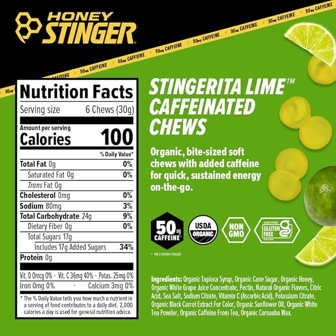 Honey Stinger Stingerita Lime Caffeinated Energy Chew, Gluten Free, with Caffeine, for Exercise, Running and Performance, Sports Nutrition for Home & Gym, Pre and Mid Workout, 12 Pack