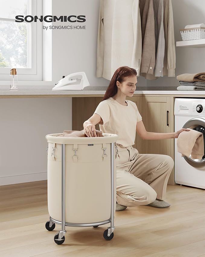 SONGMICS 18.5-Gallon (70 L) Laundry Basket with Wheels, Rolling Round Heavy-Duty Laundry Hamper Cart with Steel Frame and Removable Bag, 2 Locking Wheels, Cream White and Metallic Silver URLS006W01