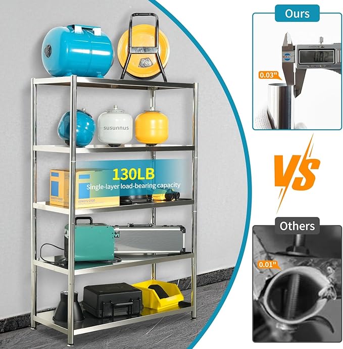 susunnus 4-Tier Stainless Steel Shelf, Heavy Duty Shelving for Kitchen, Garage, Industrial Storage, Kitchen Shelves Adjustable Feet, Easy to Clean(24.8in*15,8in Without Guardrails)