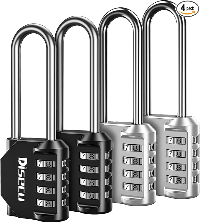 4 Pack disecu 2.6 Inch Long Shackle Combination Lock, 4 Digit Outdoor Waterproof Padlock for School Locker, Gym Locker, Storage Unit, Gate, Fence, Toolbox, Cabinet (Black and Silver)