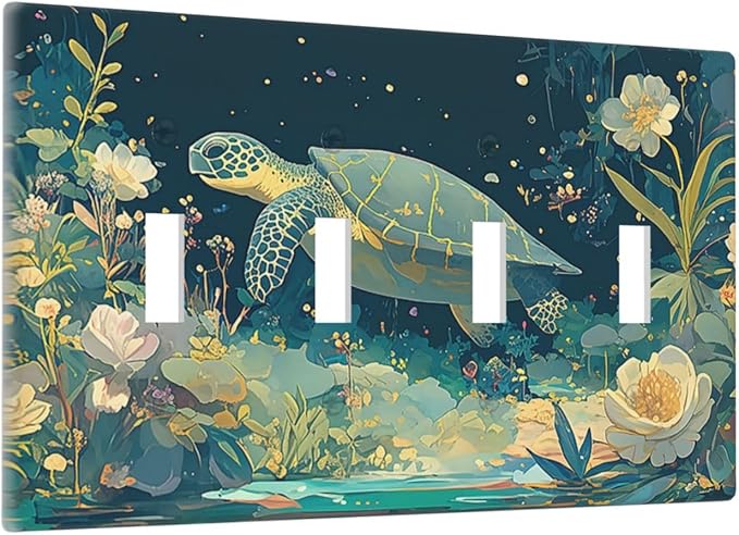 Light Switch Covers Fantasy Sea World Sea Turtle Floral Plant Quad Toggle Electrical Faceplate 4 Gang Wall Plate Decorative Switch Plates for Kids Room Nursery Decor