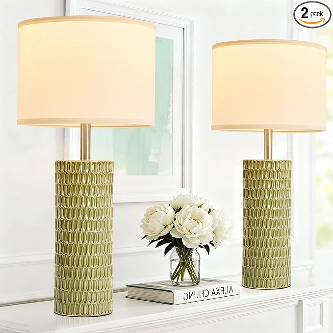26.5" Ceramic Table Lamp, Table Lamp for Living Room, Green Lamp for Bedroom, Night Stand Lamps, Modern Bedside Lamp Set of 2, End Table Lamps, Green