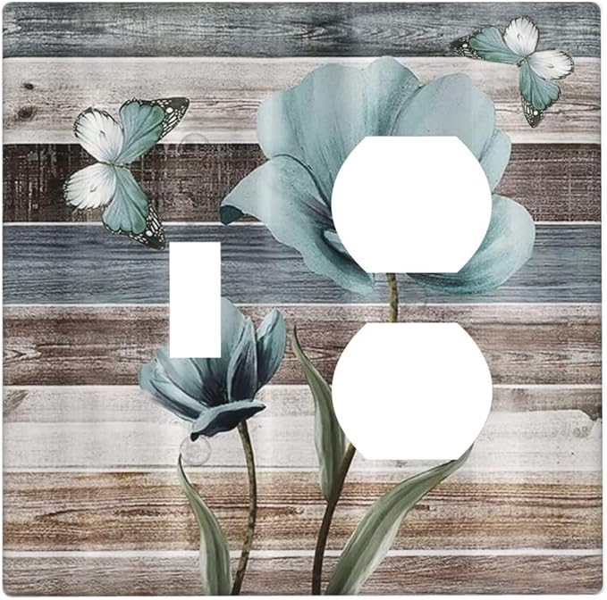 Teal Flora Flowers and Butterfly Wooden Style Decorative Light Switch Cover Plate 1 Toggle/1 Duplex Outlet Covers 2 Gang Combo Gfci Wall Plate Electrical Receptacle Switchplate Bathroom Decor
