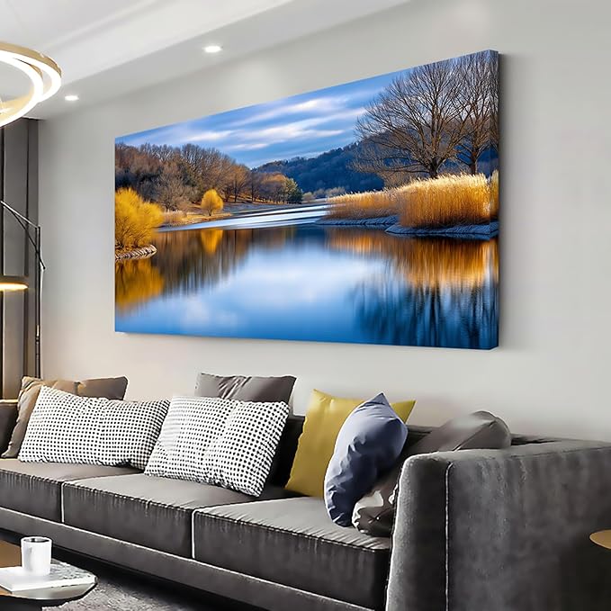 Beautiful Yellow Forest Park Wall Art for Living Room Office Calm Lake Blue Painting Prints Nature Autumn Canvas Artwork Over The Couch Bedroom Decor Extra Large