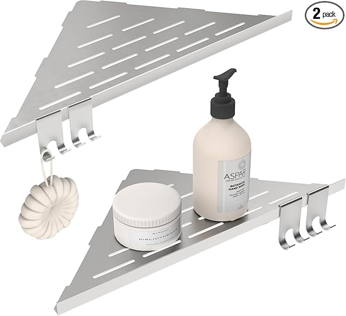 Corner Shower Shelf 10'', 304 Stainless Steel Corner Shelf 2 Pack, Grout in Bathroom Shelves for Tiled Wall, Recessed Shower Shelves Caddy with 4 Hooks, No Drilling (Brushed Nickel)