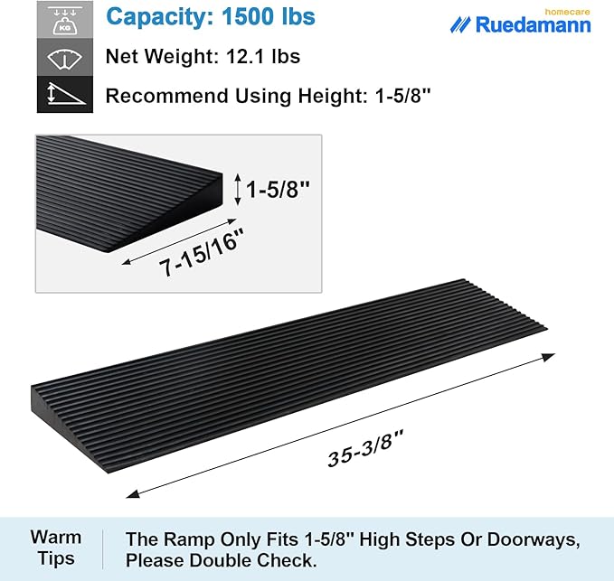 Ruedamann 1.6" Rise Threshold Ramp for Doorways, Sturdy Rubber Threshold Ramp, Non-Slip Power Door Ramps for Wheelchairs is Adjustable and Cuttable for Doorways,Curb, Scooters, Driveways