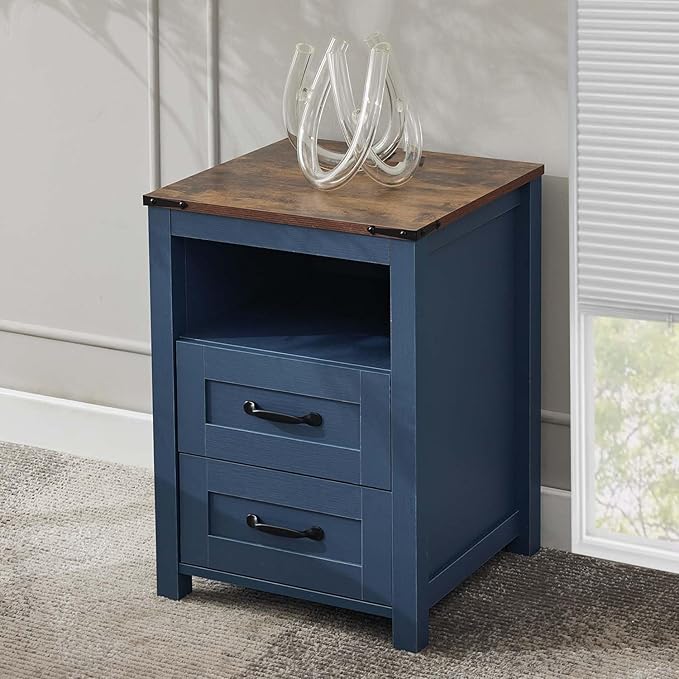 Blue Rustic Night Stand, Farmhouse End Table, Modern Bedside Table with 2 Storage Drawers and Open Shelf, Tall Nightstand for Bedroom