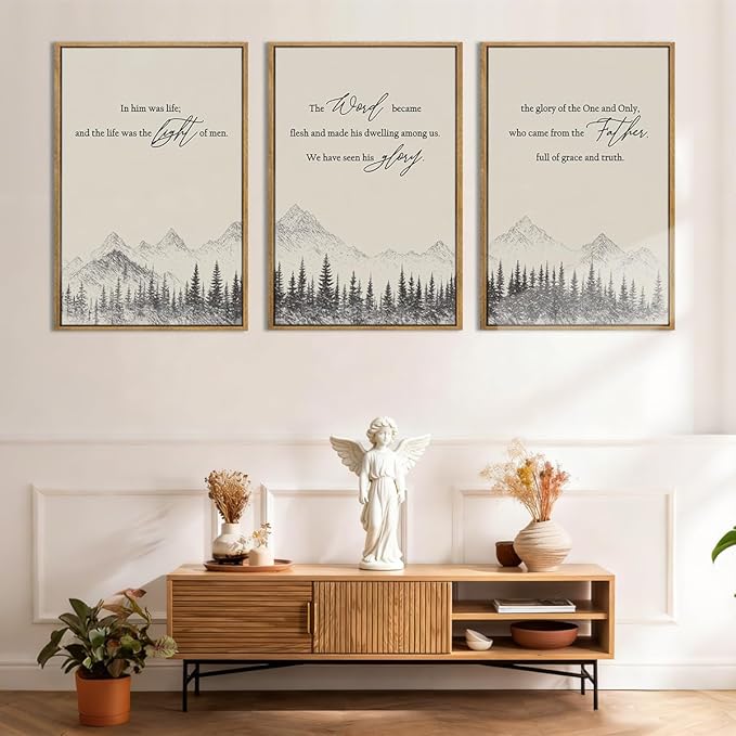 IARTTOP Large Christian Framed Wall Art 16x24 Inch Neutral Mountain Forest Canvas Wall Decor Jesus Bible Verse Catholic Biblical Scripture Prints for Prayer room Living room Set of 3