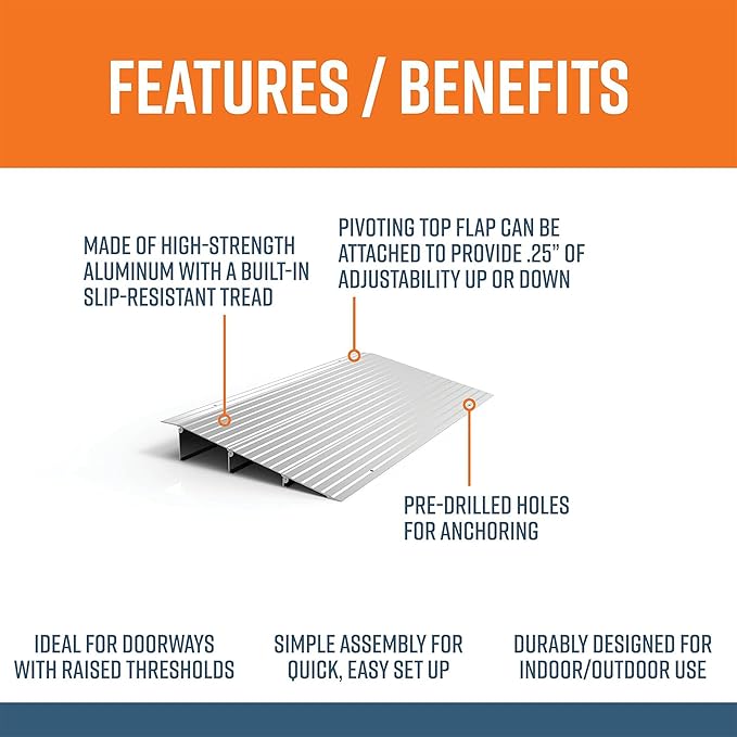 EZ-ACCESS - Threshold Ramps for Doorways - Portable Wheelchair Ramp for Home Steps, Aluminum Door Threshold Sliding Doors, Walker & Wheelchair Access - Adjustable Modular Transitions, 3" Rise