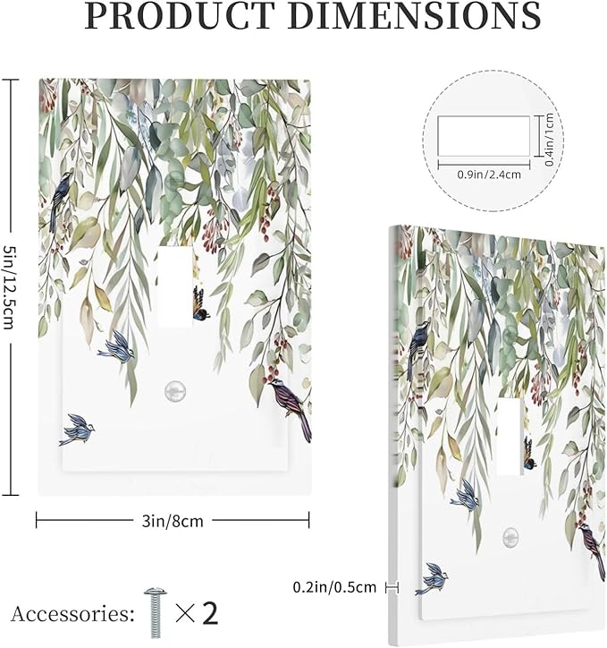 Green Leaf Eucalyptus Leaves Floral Bird Butterfly Decorative Light Switch Cover 1 Gang Single Toggle Device Electrical Faceplate Switchplates Decorator Outlet Wall Plate for Bed Room Living Room