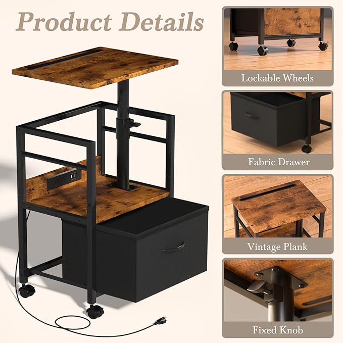 Swivel Lift Top Nightstand with Charging Station, 2-Tier 360° Adjustable Bedside Table, Rolling Night Stand with Wheels, Small End Table with Fabric Drawer, for Bedroom, Living Room, Rustic Black