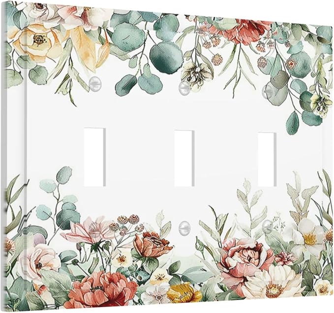 Decorative Switch Plates Vintage Boho Floral Leaves Rustic Sage Botanical 3 Gang Wall Plate Triple Toggle Light Switch Cover Faceplate Electrical Wall Panels for Bedroom Home Decor